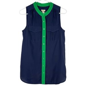 J. Crew Navy Button Down Tank Sleeveless Blouse Green Trim Women's Sz 2